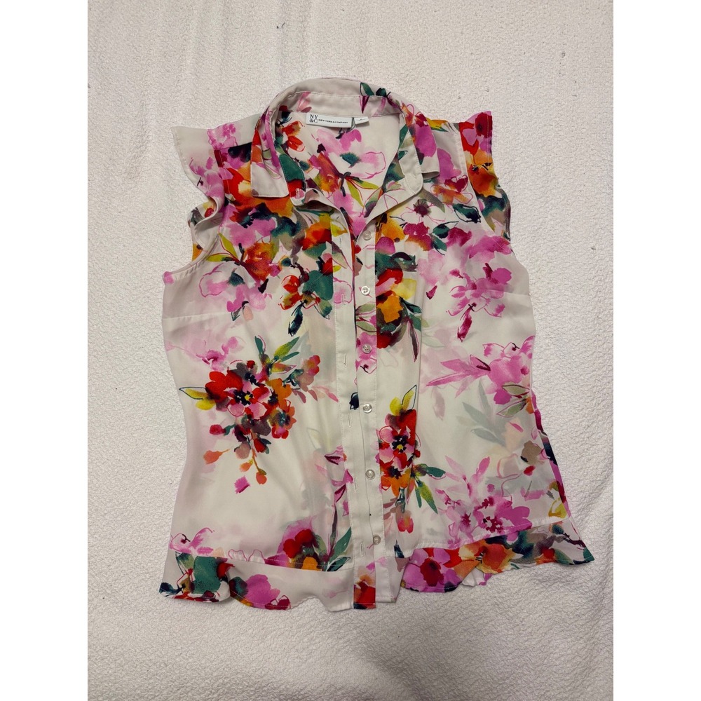 NY&C New York & Company Floral Sleeveless Ruffle Button Down Blouse Small